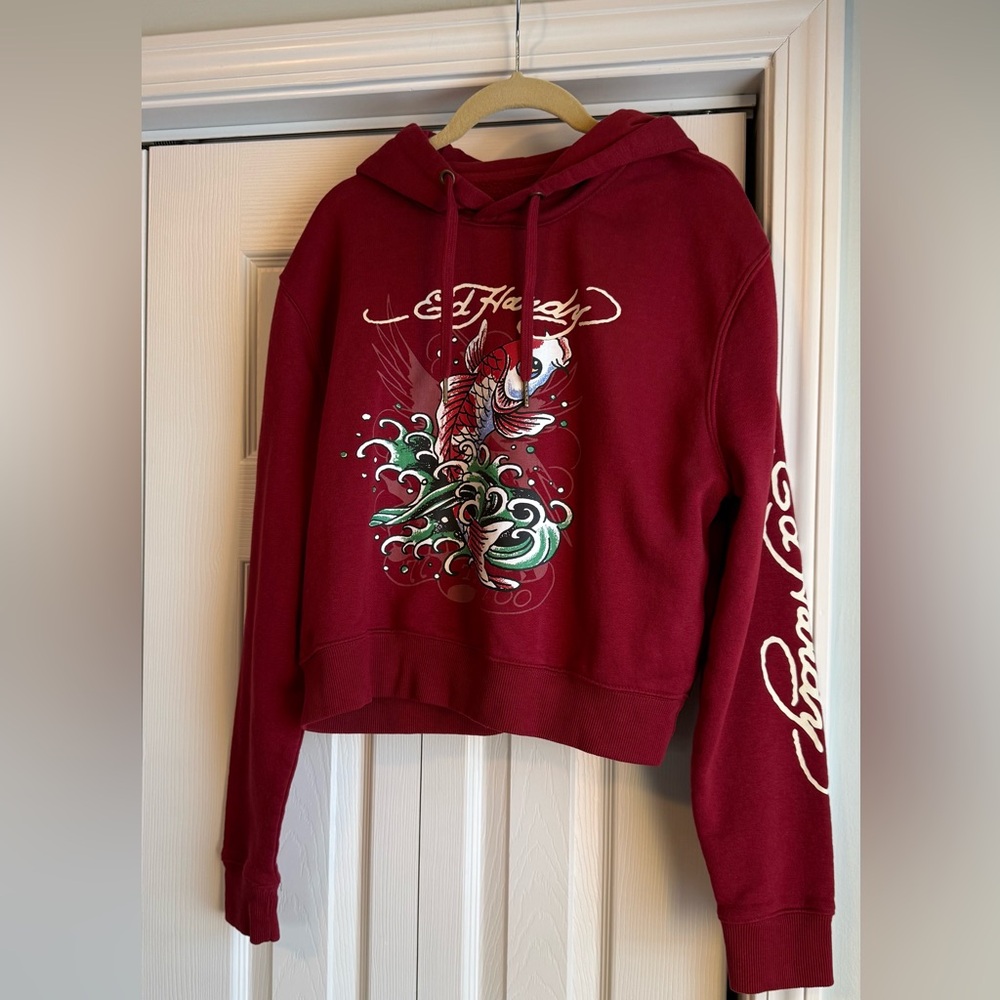 Ed Hardy Women's Cropped Retro Koi Fish hoodie in Burgundy/Maroon/Wine size L - Picture 2 of 11